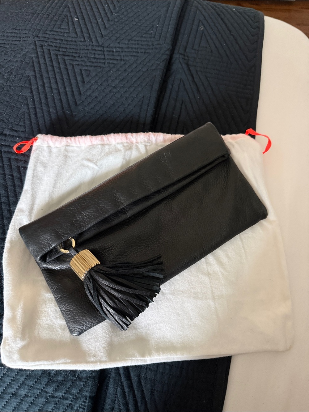 India Hicks Black Leather Foldover Clutch with Tassel